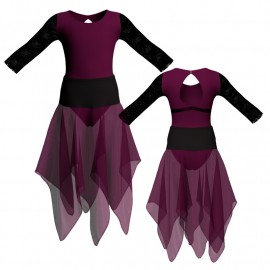 VEJ - Costume balletto bicolore maniche lunghe con inserto in rete o pizzo VEJ102