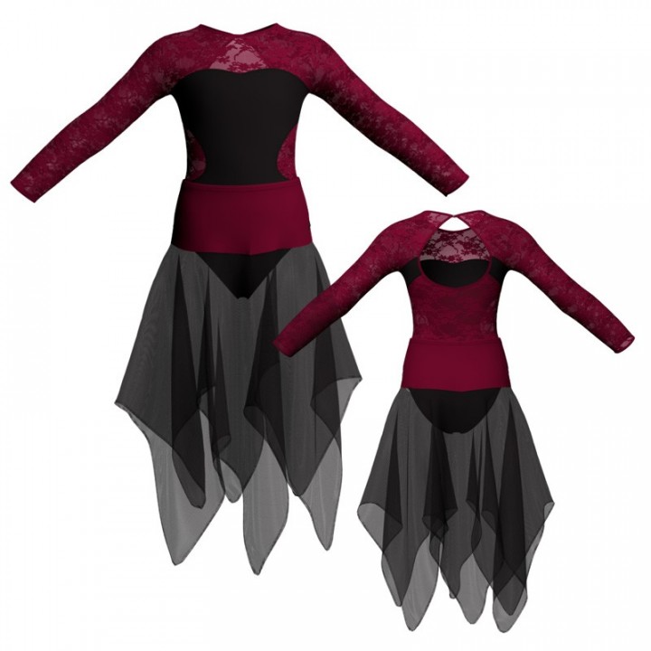 VEJ - Costume balletto bicolore maniche lunghe con inserto in rete o pizzo VEJ110