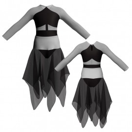 VEJ - Costume balletto bicolore maniche lunghe con inserto in rete o pizzo VEJ113