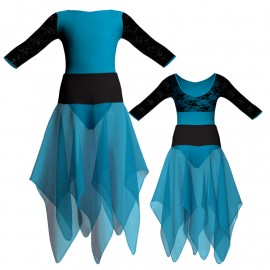 VEJ - Costume balletto bicolore maniche 3/4 con inserto in rete o pizzo VEJ128