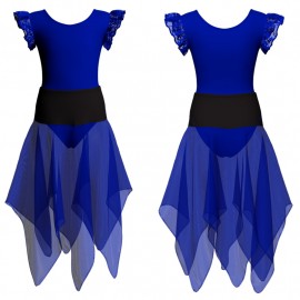 Costume balletto bicolore con inserto e maniche a volant in rete o pizzo VEJ2801