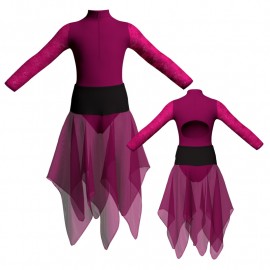 VEJ - Costume balletto bicolore maniche lunghe con inserto in rete o pizzo VEJ3095T